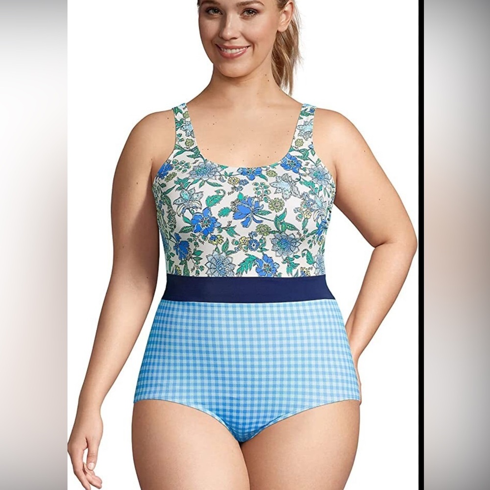 Lands' End Blue Floral and Gingham One-Piece Swimsuit